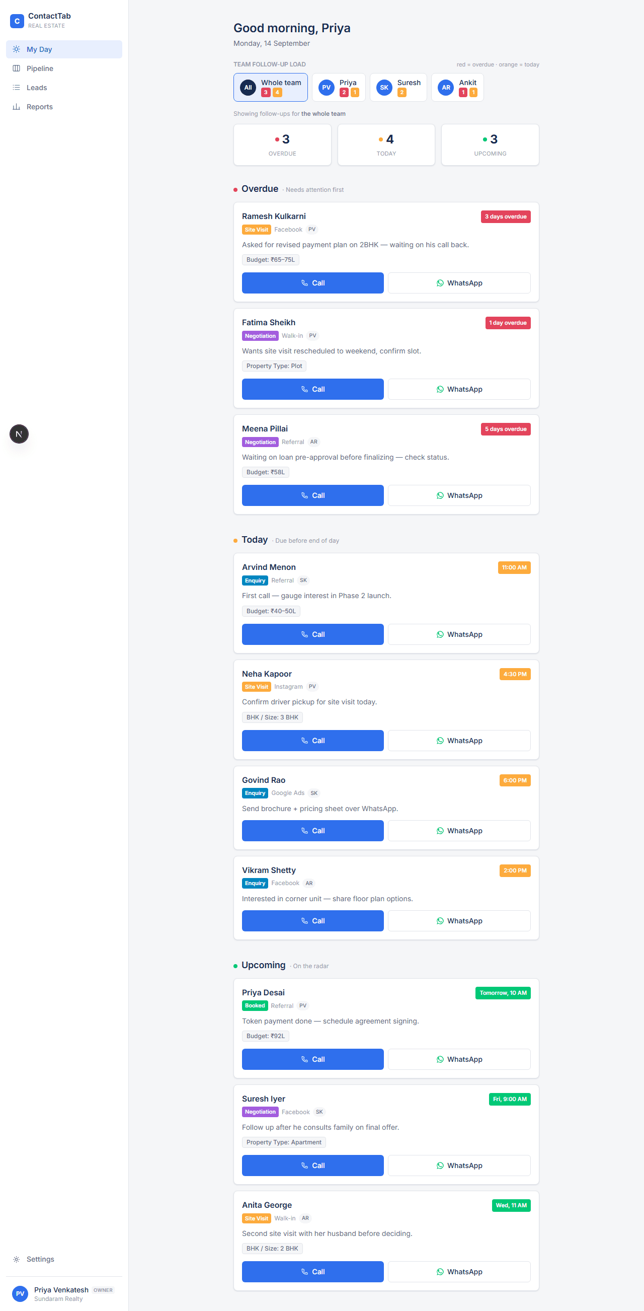 ContactTab My Day screen showing overdue, today, and upcoming follow-ups